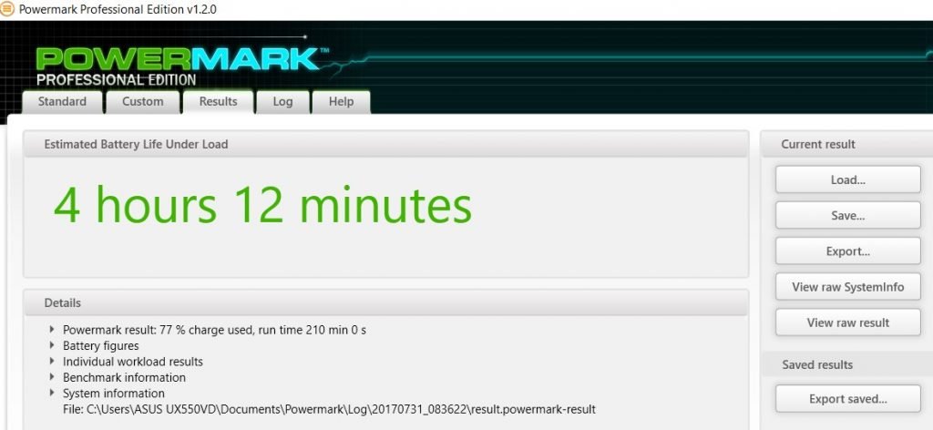 Benchmark PowerMark Asus Zenbook Pro UX550