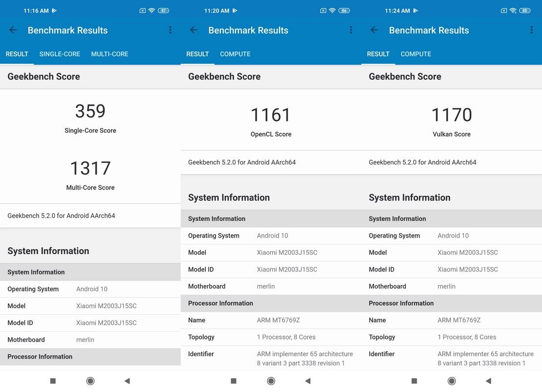 Benchmark Geekbench 5 Xiaomi Redmi Note 9